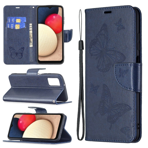 Embossing Two Butterflies Leather Phone Case, For Samsung Galaxy A03s 166mm