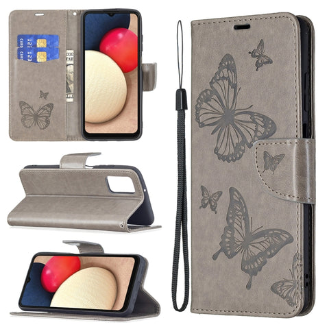 Embossing Two Butterflies Leather Phone Case, For Samsung Galaxy A03s 166mm