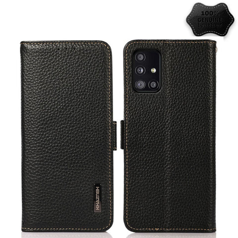 KHAZNEH Side-Magnetic Litchi Genuine Leather RFID Phone Case, For Samsung Galaxy A02s EU Version, For Samsung Galaxy A02s Global Version, For Samsung Galaxy A03s 166mm Version, For Samsung Galaxy A12 5G, For Samsung Galaxy A22 4G                       ...