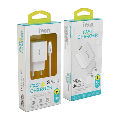 IVON AD-35 2 in 1 18W QC3.0 USB Port Travel Charger + 1m USB to 8 Pin Data Cable Set,, EU Plug, US Plug