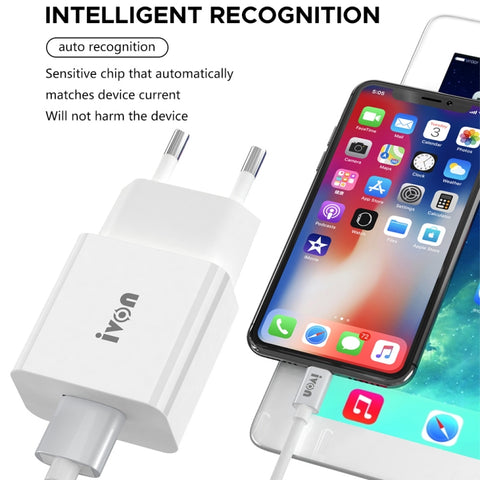 IVON AD-35 2 in 1 18W QC3.0 USB Port Travel Charger + 1m USB to 8 Pin Data Cable Set,, EU Plug, US Plug
