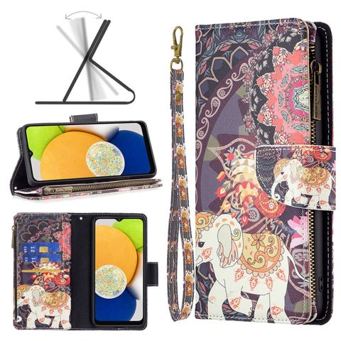 Colored Drawing Pattern Zipper Leather Phone Case, For Samsung Galaxy A03 166mm