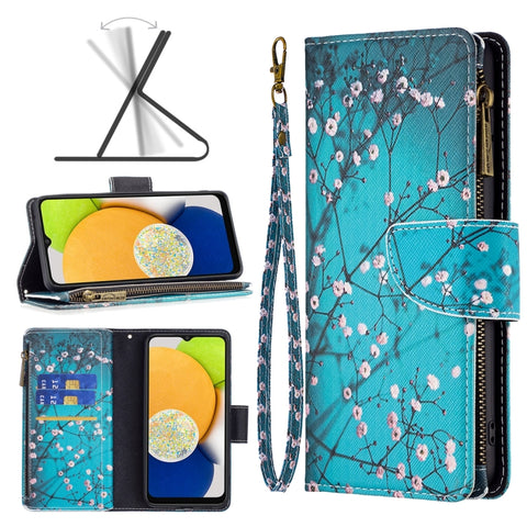 Colored Drawing Pattern Zipper Leather Phone Case, For Samsung Galaxy A03 166mm