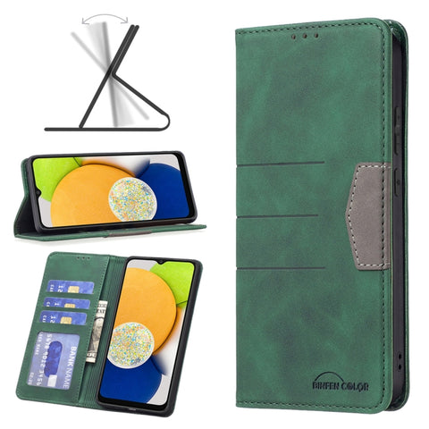 BF10 Color Block Magnetic Flip Leather Phone Case, For Samsung Galaxy A03 166mm