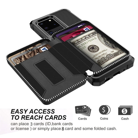 Zipper Wallet Card Bag PU Back Phone Case, For Samsung Galaxy S20, For Samsung Galaxy S20+, For Samsung Galaxy S20 Ultra, For Samsung Galaxy Note10, For Samsung Galaxy Note10+