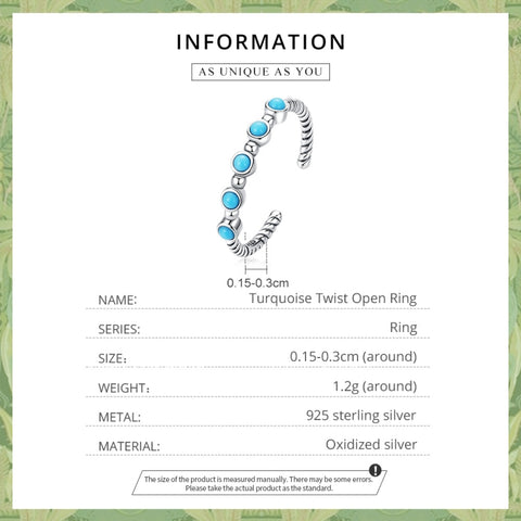 S925 Sterling Silver Turquoise Twist Women Open Ring, Turquoise Twist