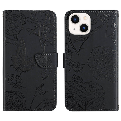 Skin Feel Butterfly Peony Embossed Leather Phone Case, For iPhone 14, For iPhone 14 Plus, For iPhone 14 Pro, For iPhone 14 Pro Max