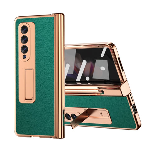 Litchi Texture Leather Hinged Electroplated Phone Case with S Pen Fold Edition & Protective Film, For Samsung Galaxy Z Fold3 5G