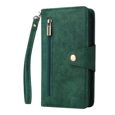 Rivet Buckle 9 Cards Three Fold Leather Phone Case, For iPhone 13