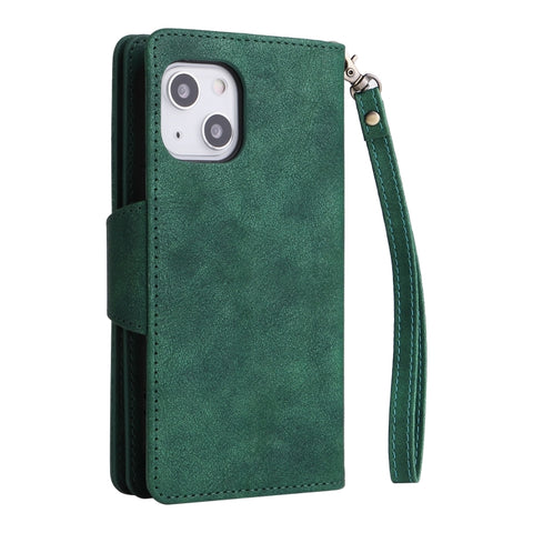 Rivet Buckle 9 Cards Three Fold Leather Phone Case, For iPhone 13