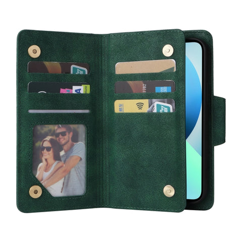 Rivet Buckle 9 Cards Three Fold Leather Phone Case, For iPhone 13