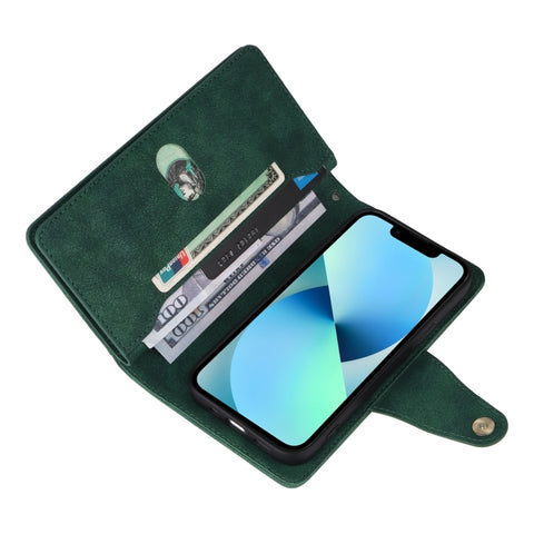 Rivet Buckle 9 Cards Three Fold Leather Phone Case, For iPhone 13