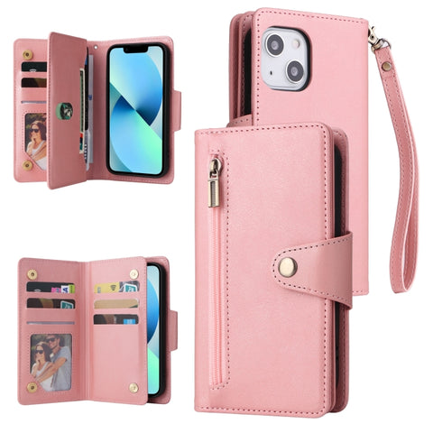 Rivet Buckle 9 Cards Three Fold Leather Phone Case, For iPhone 13