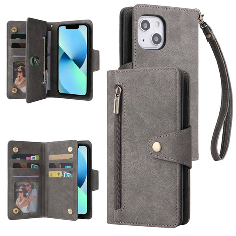 Rivet Buckle 9 Cards Three Fold Leather Phone Case, For iPhone 13