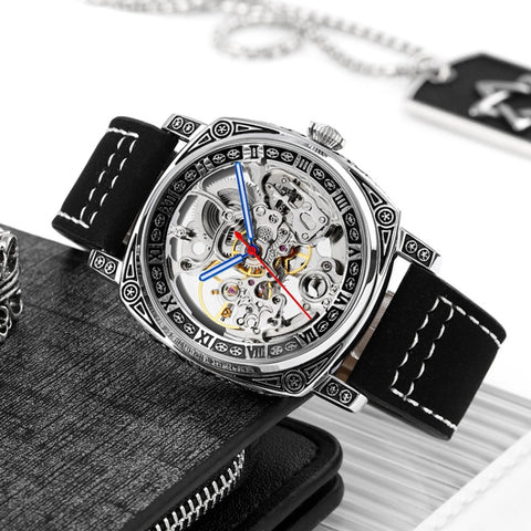 SKMEI 9271 Stainless Steel Buckle Leather Strap Waterproof Mechanical Watch