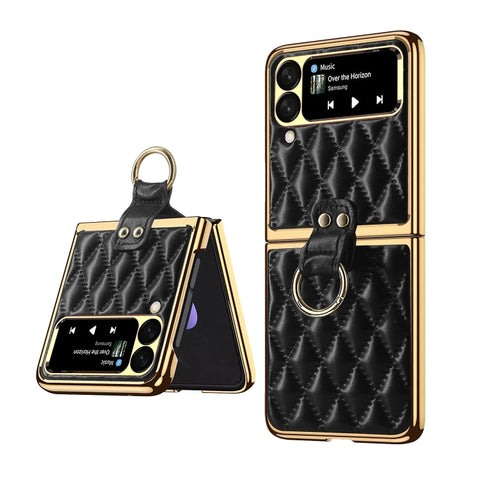 Diamond Lattice Plain Leather Ring Phone Case, For Samsung Galaxy Z Flip4