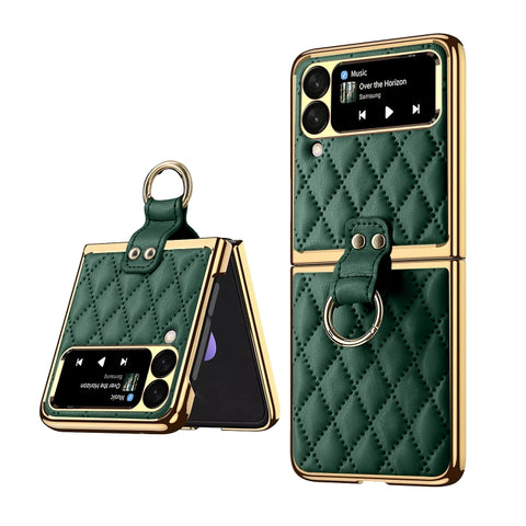 Diamond Lattice Plain Leather Ring Phone Case, For Samsung Galaxy Z Flip4