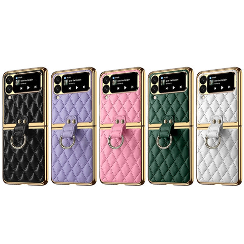 Diamond Lattice Plain Leather Ring Phone Case, For Samsung Galaxy Z Flip4