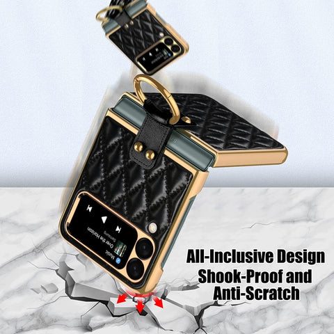 Diamond Lattice Plain Leather Ring Phone Case, For Samsung Galaxy Z Flip4