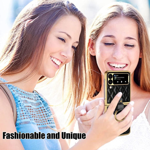 Diamond Lattice Plain Leather Ring Phone Case, For Samsung Galaxy Z Flip4