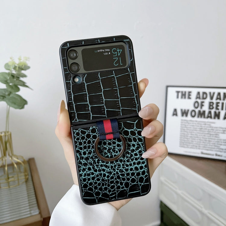 Crocodile Texture Genuine Leather Phone Case with Ring, For Samsung Galaxy Z Flip4