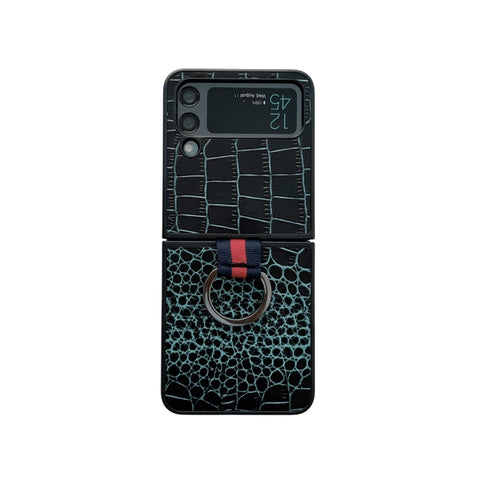 Crocodile Texture Genuine Leather Phone Case with Ring, For Samsung Galaxy Z Flip4