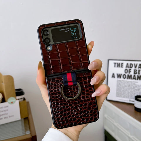 Crocodile Texture Genuine Leather Phone Case with Ring, For Samsung Galaxy Z Flip4