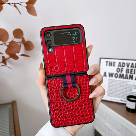 Crocodile Texture Genuine Leather Phone Case with Ring, For Samsung Galaxy Z Flip4