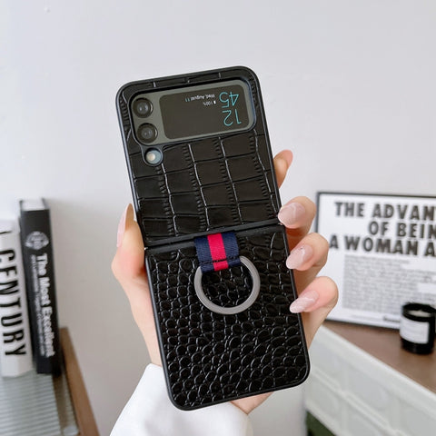 Crocodile Texture Genuine Leather Phone Case with Ring, For Samsung Galaxy Z Flip4