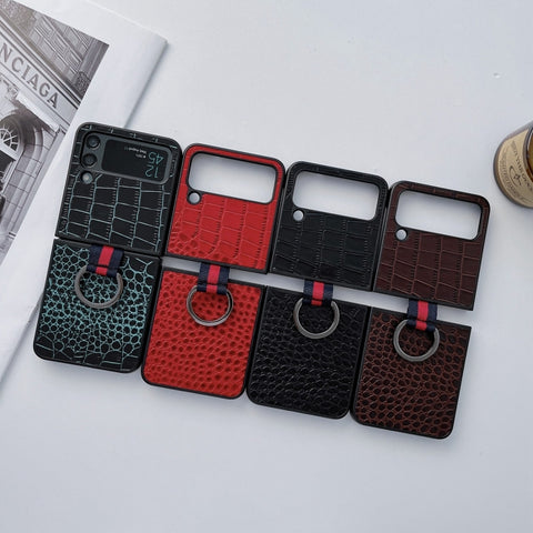 Crocodile Texture Genuine Leather Phone Case with Ring, For Samsung Galaxy Z Flip4