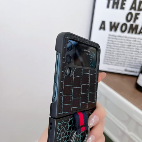 Crocodile Texture Genuine Leather Phone Case with Ring, For Samsung Galaxy Z Flip4