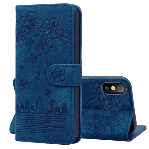 Cartoon Sakura Cat Embossed Leather Case, For iPhone XR, For iPhone XS Max, For iPhone SE 2022 / SE 2020 / 7 / 8, For iPhone 7 Plus / 8 Plus