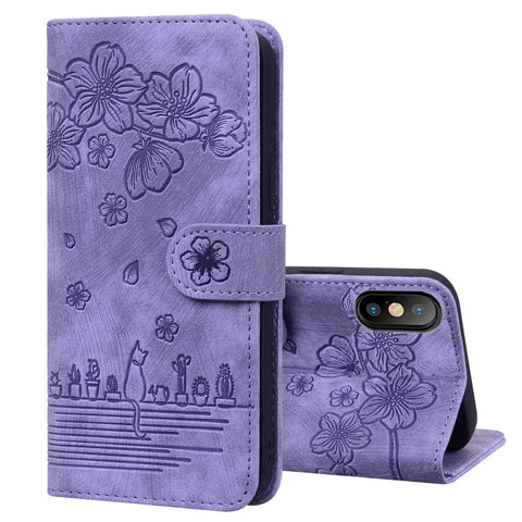 Cartoon Sakura Cat Embossed Leather Case, For iPhone XR, For iPhone XS Max, For iPhone SE 2022 / SE 2020 / 7 / 8, For iPhone 7 Plus / 8 Plus