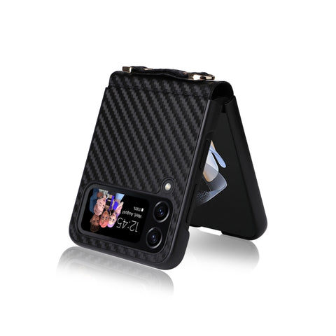 Carbon Fiber Texture Phone Case With Lanyard, For Samsung Galaxy Z Flip4
