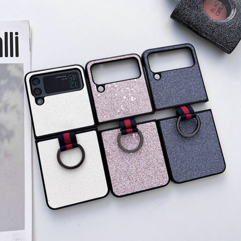 Glitter Powder PU Phone Case With Ring, For Samsung Galaxy Z Flip4