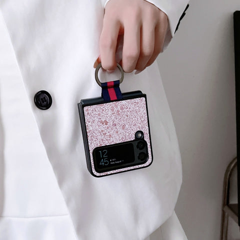 Glitter Powder PU Phone Case With Ring, For Samsung Galaxy Z Flip4