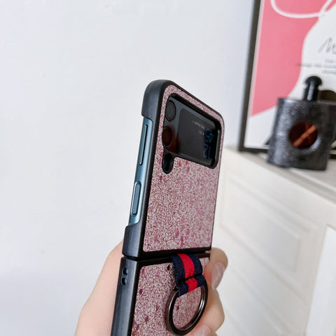 Glitter Powder PU Phone Case With Ring, For Samsung Galaxy Z Flip4