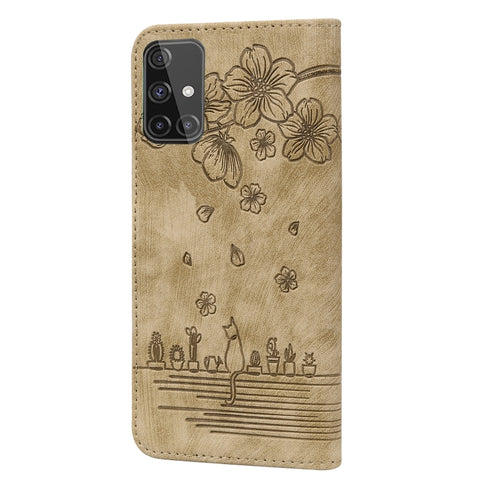 Cartoon Sakura Cat Embossed Leather Phone Case, For Samsung Galaxy A71 4G