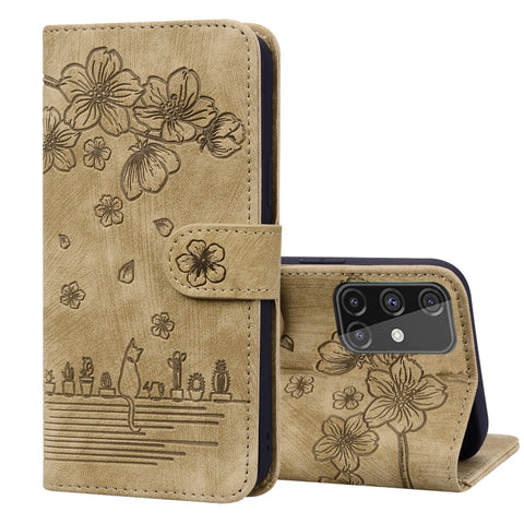Cartoon Sakura Cat Embossed Leather Phone Case, For Samsung Galaxy A71 4G