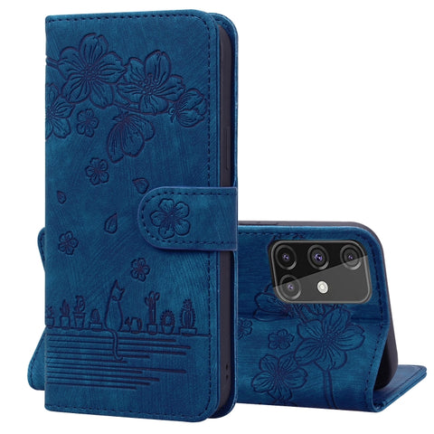 Cartoon Sakura Cat Embossed Leather Phone Case, For Samsung Galaxy A71 4G