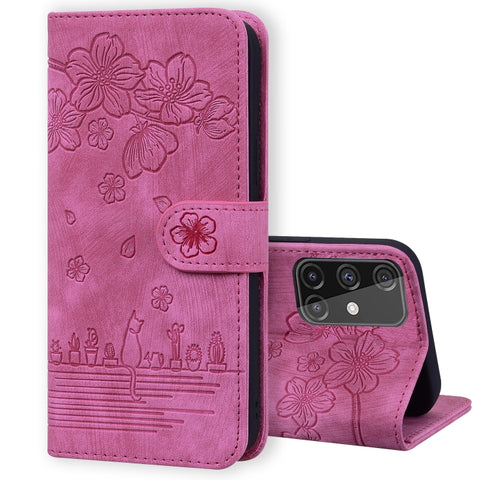 Cartoon Sakura Cat Embossed Leather Phone Case, For Samsung Galaxy A71 4G