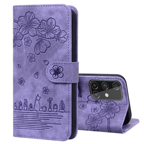 Cartoon Sakura Cat Embossed Leather Phone Case, For Samsung Galaxy A71 4G