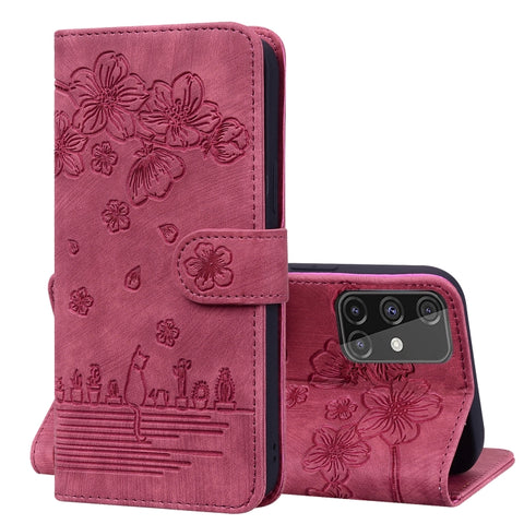 Cartoon Sakura Cat Embossed Leather Phone Case, For Samsung Galaxy A71 4G