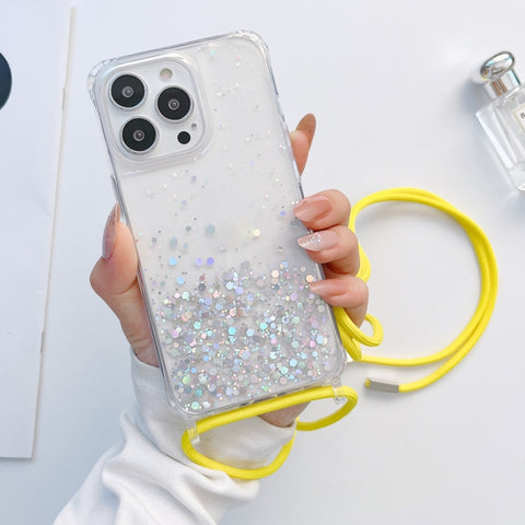 Lanyard Glitter Epoxy Clear Phone Case, For iPhone 14, For iPhone 14 Plus, For iPhone 14 Pro, For iPhone 14 Pro Max, For iPhone 13 mini, For iPhone 13