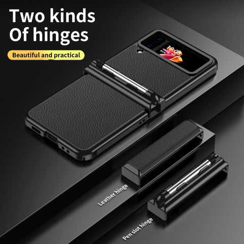 Litchi Texture Leather Hinged Electroplated Phone Case with Pen, For Samsung Galaxy Z Flip3 5G, For Samsung Galaxy Z Flip4