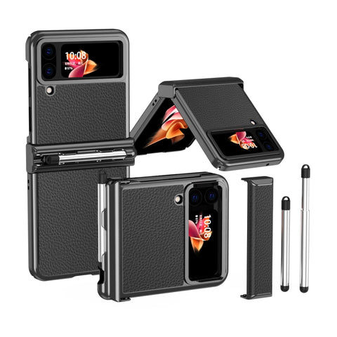 Litchi Texture Leather Hinged Electroplated Phone Case with Pen, For Samsung Galaxy Z Flip3 5G, For Samsung Galaxy Z Flip4