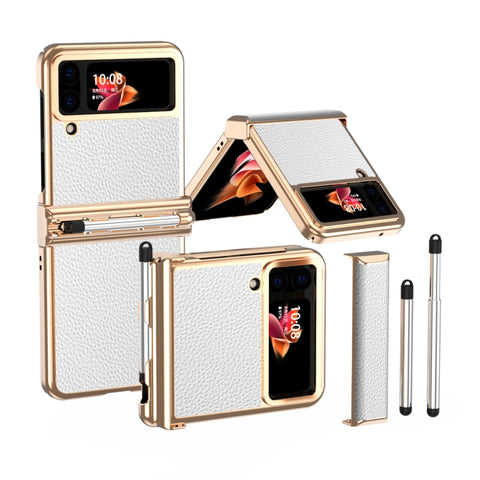 Litchi Texture Leather Hinged Electroplated Phone Case with Pen, For Samsung Galaxy Z Flip3 5G, For Samsung Galaxy Z Flip4