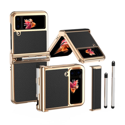 Litchi Texture Leather Hinged Electroplated Phone Case with Pen, For Samsung Galaxy Z Flip3 5G, For Samsung Galaxy Z Flip4