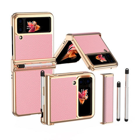 Litchi Texture Leather Hinged Electroplated Phone Case with Pen, For Samsung Galaxy Z Flip3 5G, For Samsung Galaxy Z Flip4