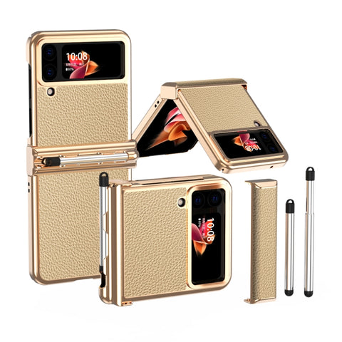 Litchi Texture Leather Hinged Electroplated Phone Case with Pen, For Samsung Galaxy Z Flip3 5G, For Samsung Galaxy Z Flip4